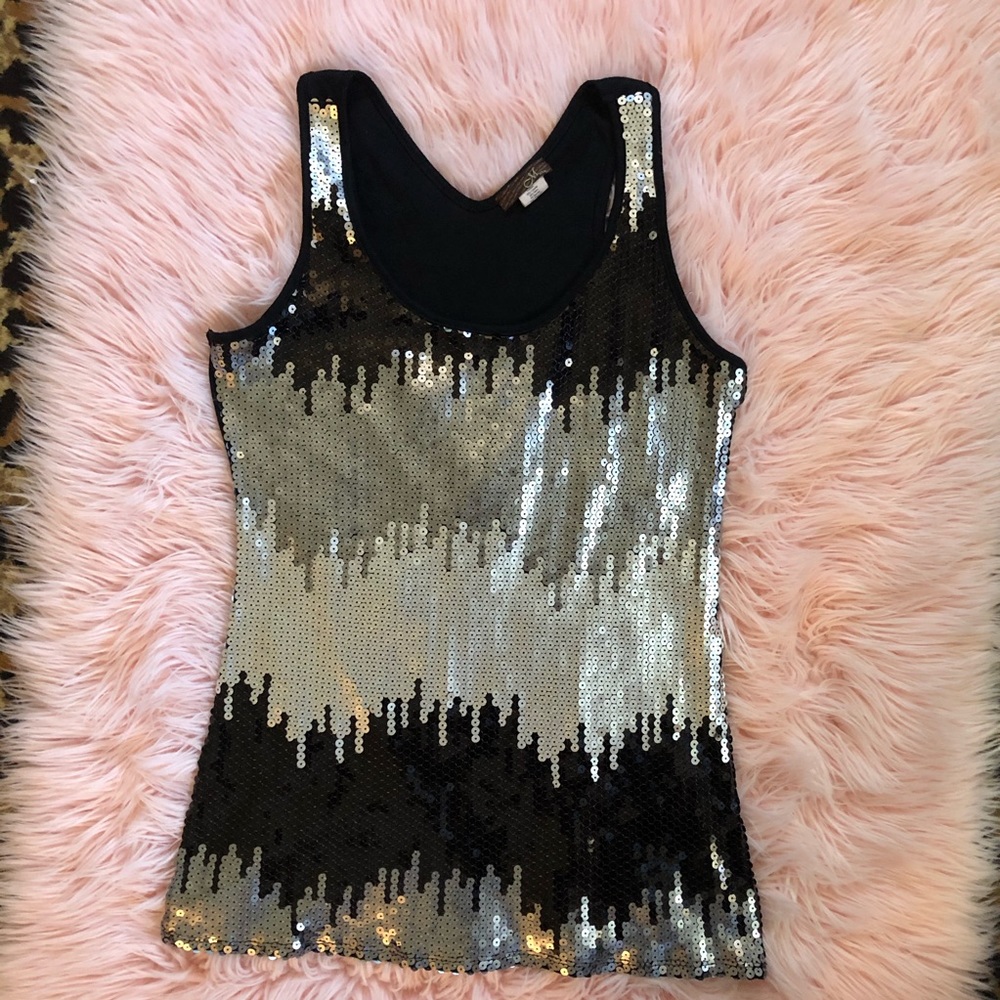 M USA sequin Tank Top shirt XL Silver black sparkl